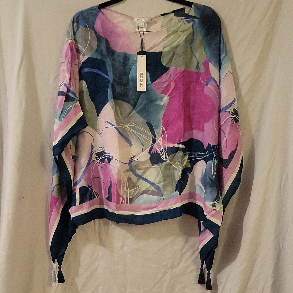 Chico's Abstract Floral Pullover Top in Pink, Blue, Green